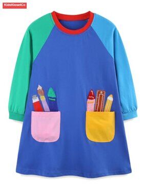 Girls Casual Cotton T-Shirt Dress Long Sleeve Striped Art Dress